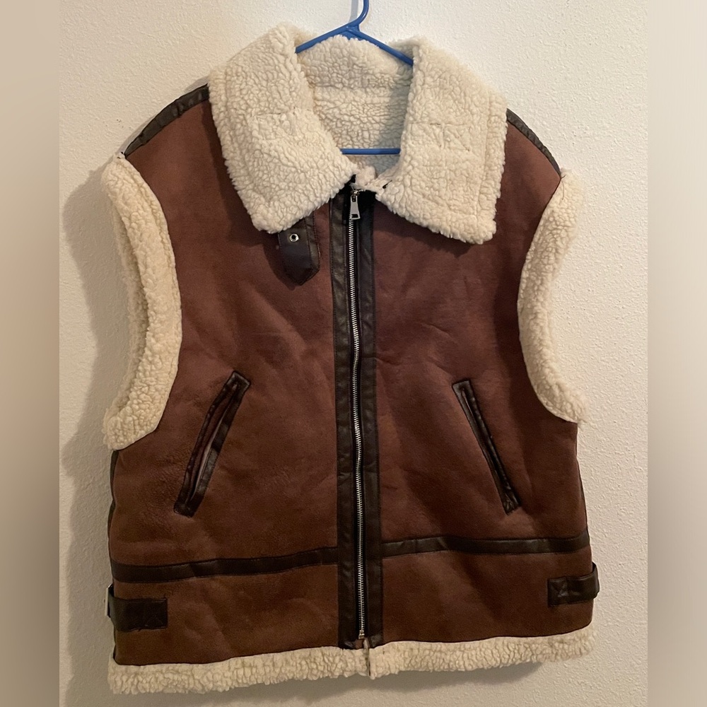 Dark Brown Leather Sherpa Material Winter Vest